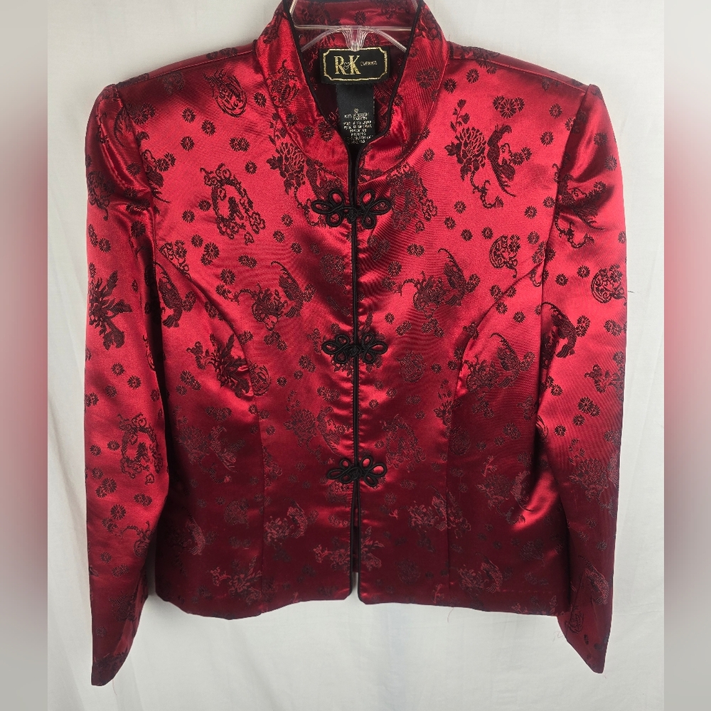 R & K Evening Red Satin China Inspired Print Long Sleeve Button Up Jacket Sz 12